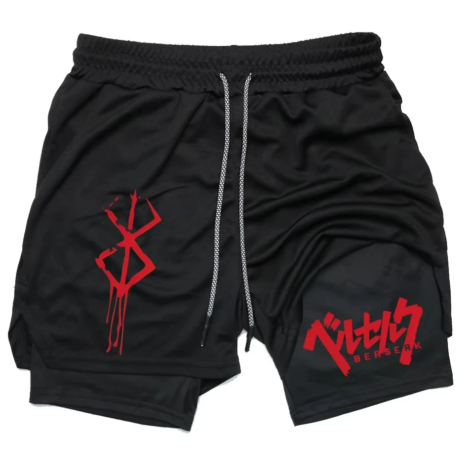 Anime Berserk Performance Shorts Men 2 in 1 bežecké kompresné šortky tréning jogy telocvičňa športového oblečenia šortky s vreckami