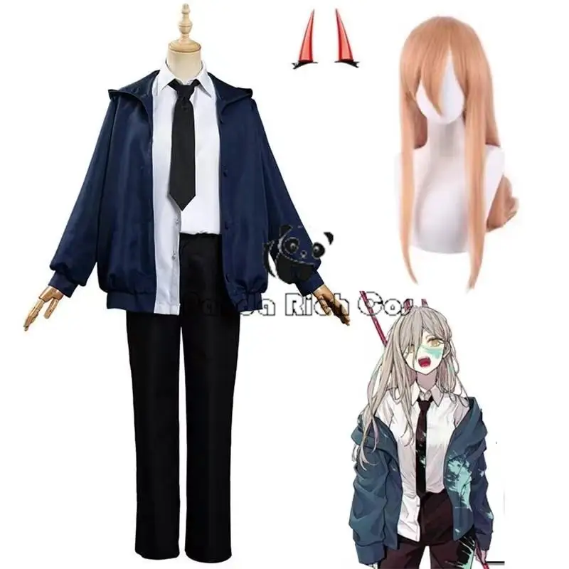 Anime Chainswaw Power Cosplay kostýmy modré bundy nohavice parochňa Dievčatá Uniformný oblek muž Halloween vianočné kostýmy Ženské oblečenie