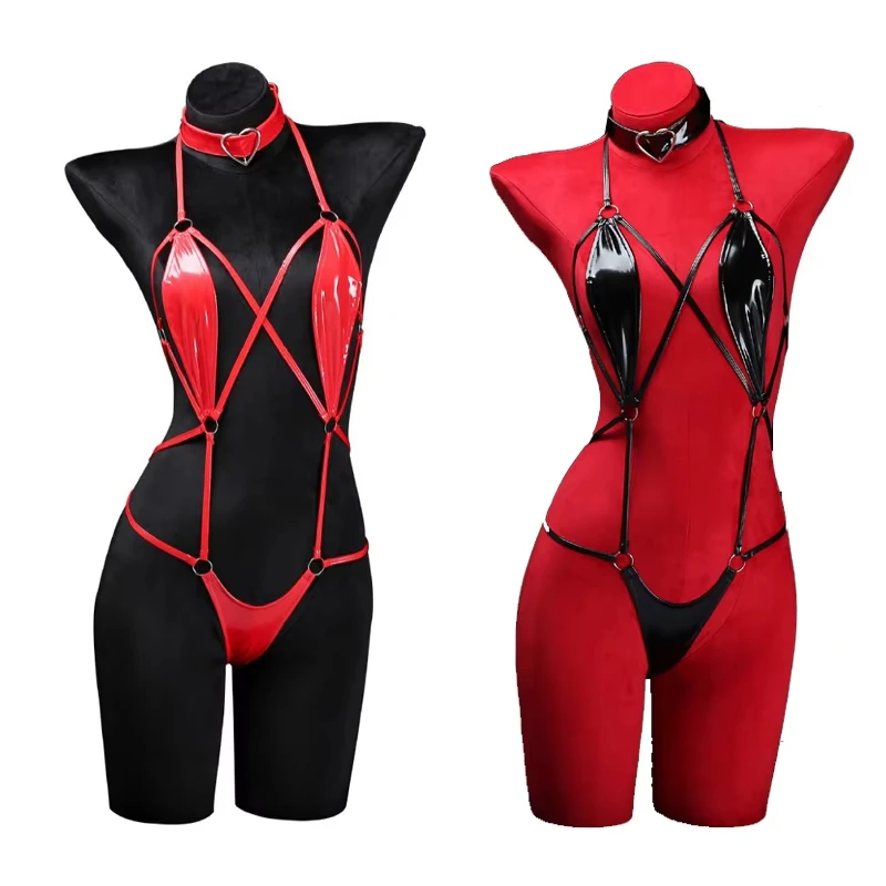 Anime cosplay dievčatá halter kožené plavky krížové popruhy obväzové kombinézy kombinézy kostýmy