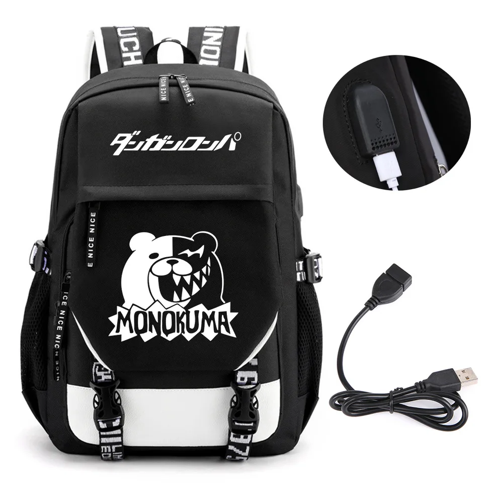 Anime Danganronpa Mono Kuma Bear Backpack School Book Bags Mochila cestovanie USB Port Bag Laptop Boy Girls Girls Girls Batoh
