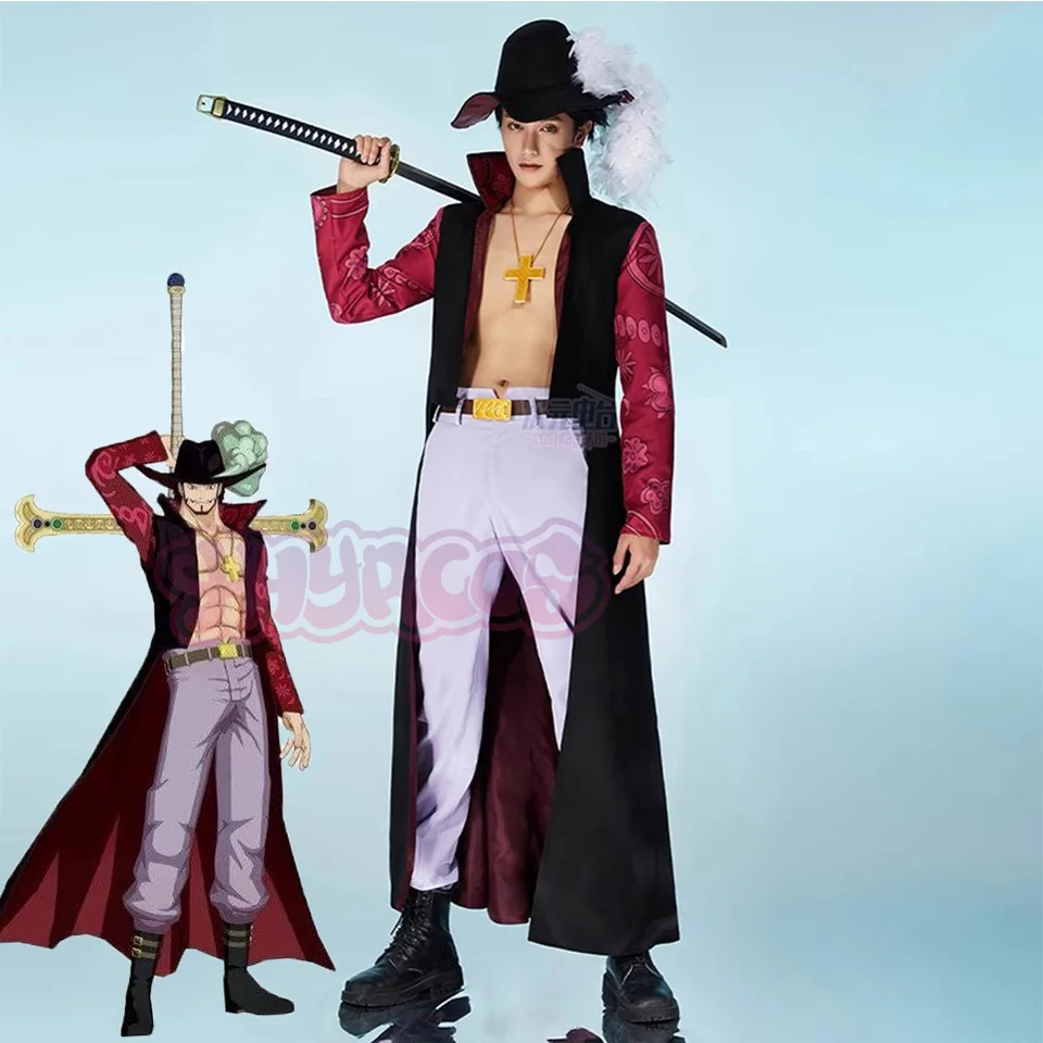 Anime Dracul Mihawk Cosplay kostým plášťové zákopové kabány nohavice Uniforma s klobúkom náhrdelník pásový pás Halloween Carnival Party Clothte Prop