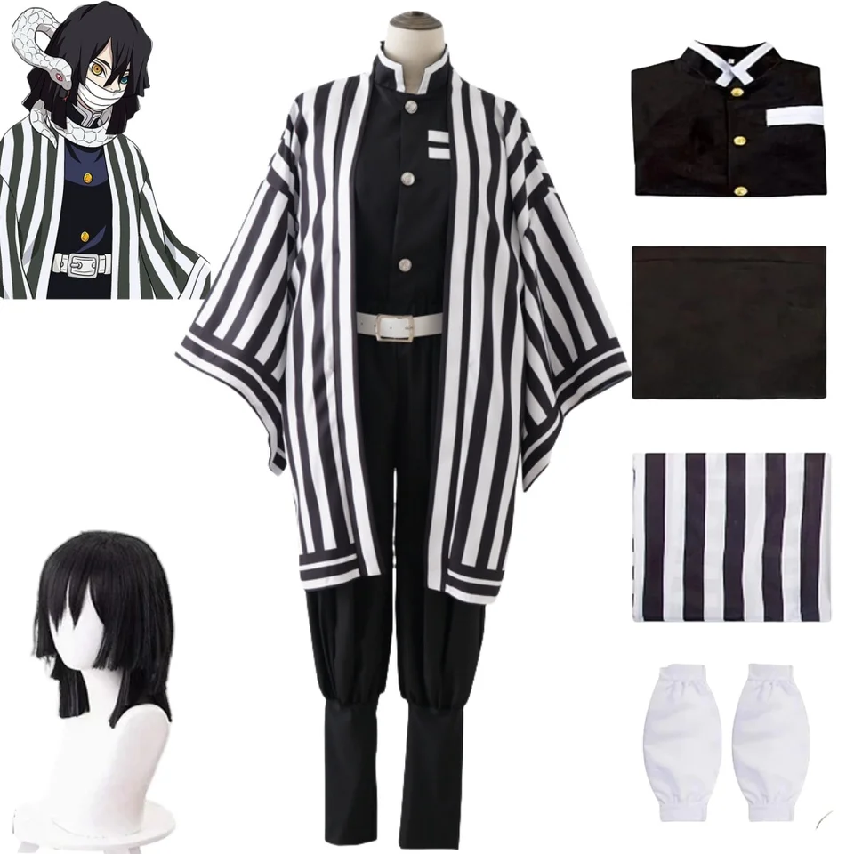 Anime démon Slayer Iguro Obanai Cosplay kostýmy duchovné zabíjanie tímu Uniforma čierna a biela pruh čierna parochňa