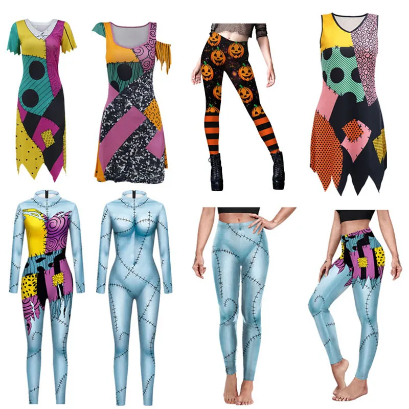 Anime film Sally Cosplay šaty Halloween Party Set kostým vianočné ženy štíhle kombinézy Catsuit Zentai Bodysuit Gothic Leggins
