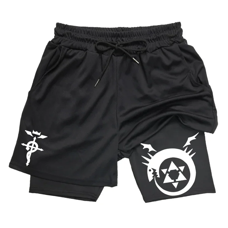 Anime Fullmetal ALCHEMIST GYM Cvičenie šortky pre mužov 2 v 1 kompresných šortkách s vreckami 5 palcov rýchle suché bežecké fitness