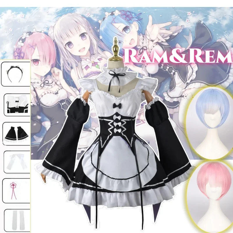 Anime Game Re: Zero Kara Hajimeru Isekai Seikatsu Cosplay kostýmové oblečenie parochňu Parochňa Uniform Cosplay Ram Rem Cosplay Maid uniforma žena