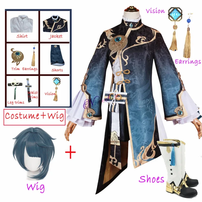 Anime genshin xingqiu cosplay kostým xing qiu parochne topánky outfit náušnice karneval
