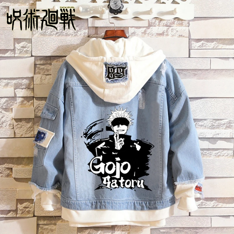 Anime jujutsu kaisen anime džínsy bunda gojo satoru itadori yūji tlače Príležitostné ženy patchwork denim jesenné kabáty
