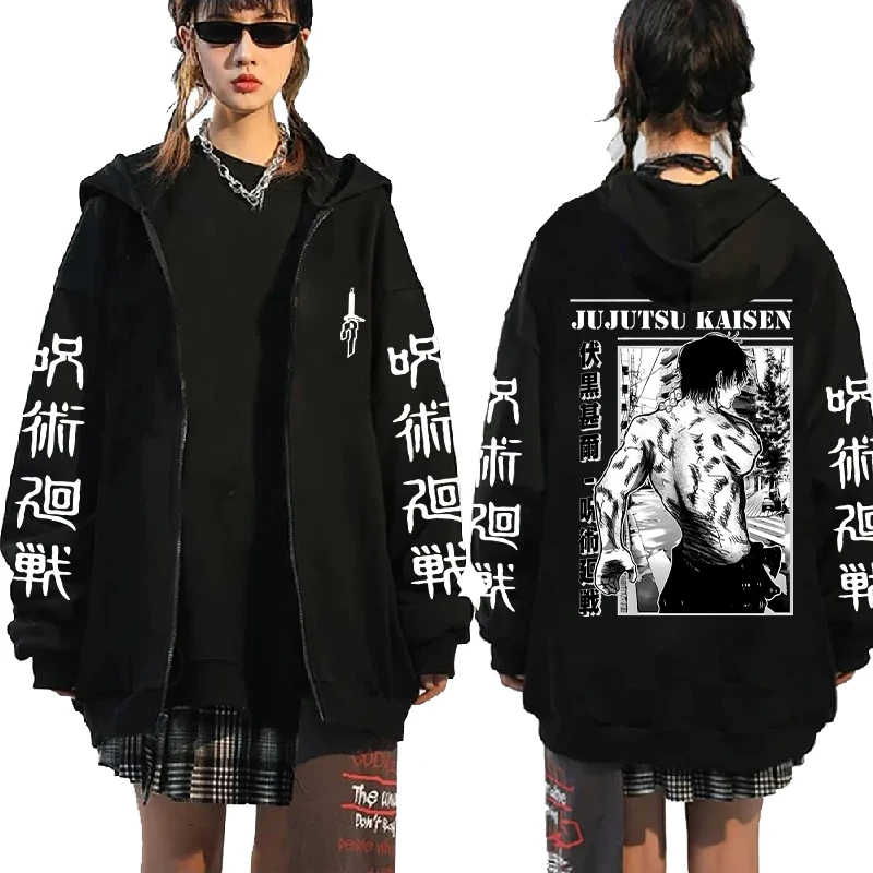 Anime jujutsu kaisen fushiguro toji tlačené kapucne Men Ženy Prevalentné zipsové mikiny manga mikina harajuku zip
