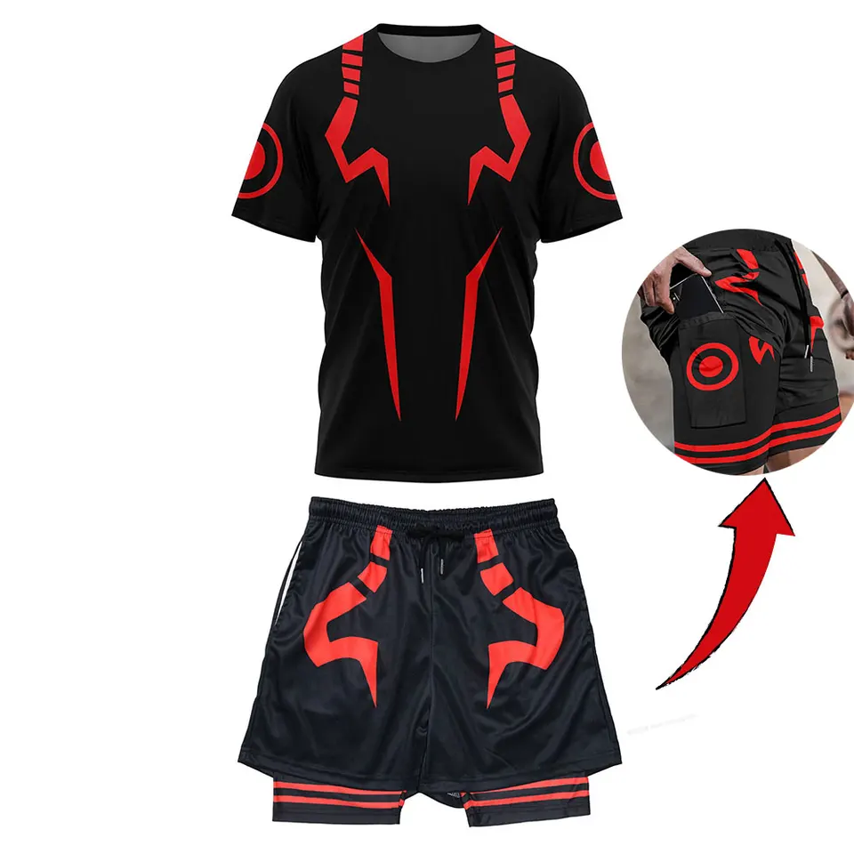 Anime jujutsu kaisen kompresia súpravy fitness oblek pre mužov rýchle suché 3D športové tričko+telocvičňové kraťasy bežecké cvičenie Sportswear
