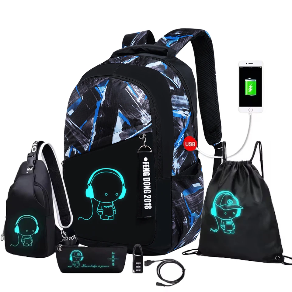 Anime karikatúra svetelný batoh s USB nabíjajúcim prístavom veľké školské tašky Bookbags pre dospievajúcich chlapcov reflexná vodotesná taška