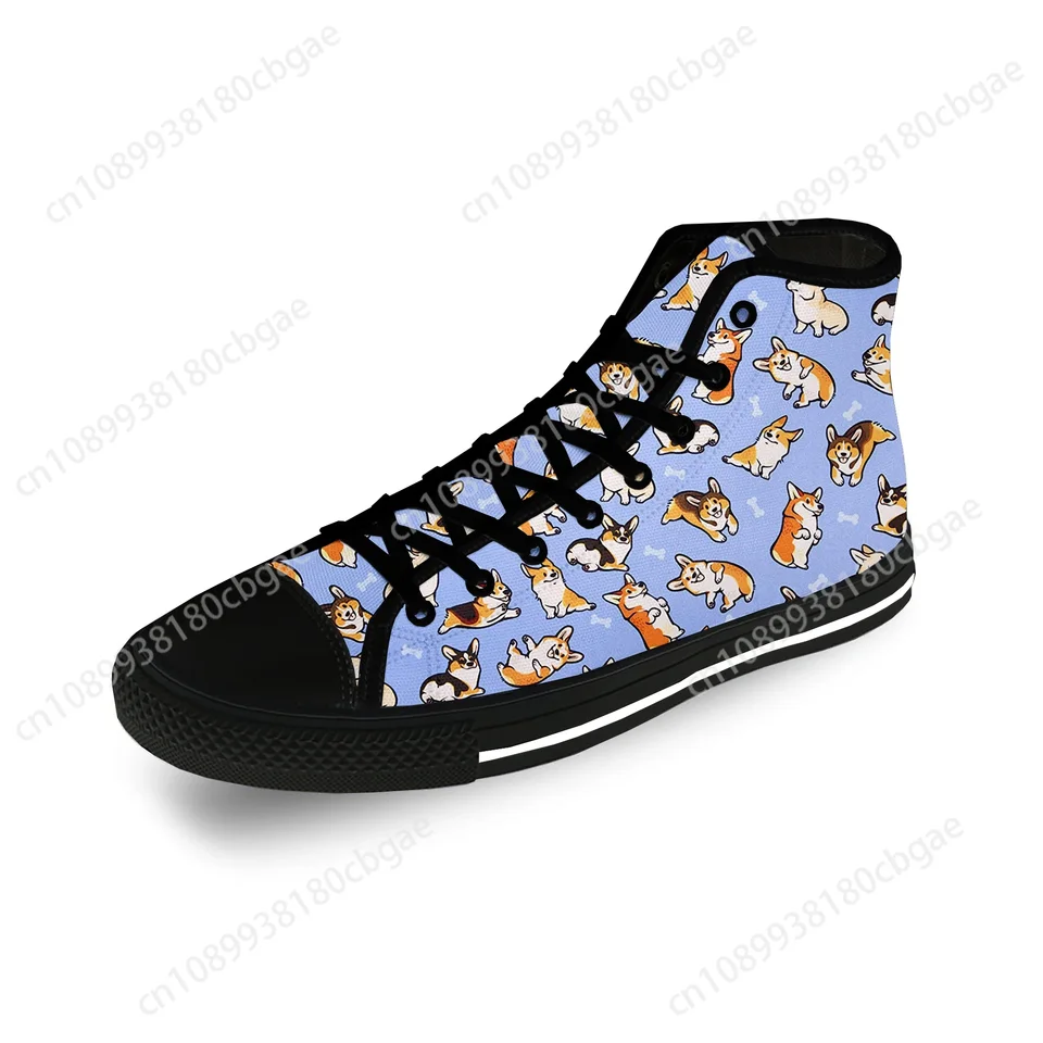 Anime karikatúra zvierací psí ps Corgi Príležitostná látka móda 3D tlač High Top Canvas Shoes Men Ženy Ľahké priedušné tenisky