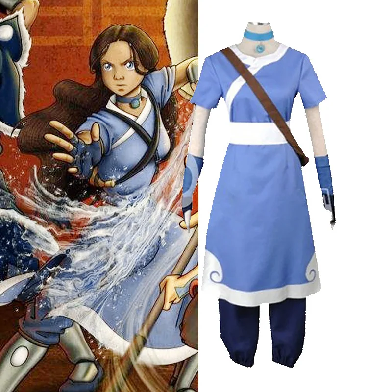 Anime Katara Cosplay modré dlhé kostýmy Avatar Avatar Posledný kostýmy Airbender Cosplay Halloween Female Set Set Clothing