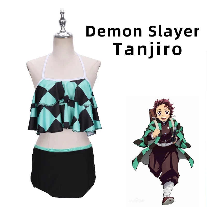 Anime kimetsu no yaiba kamado tanjirou cosplay plavky plavky plavky bikiny plavky zelený plavec