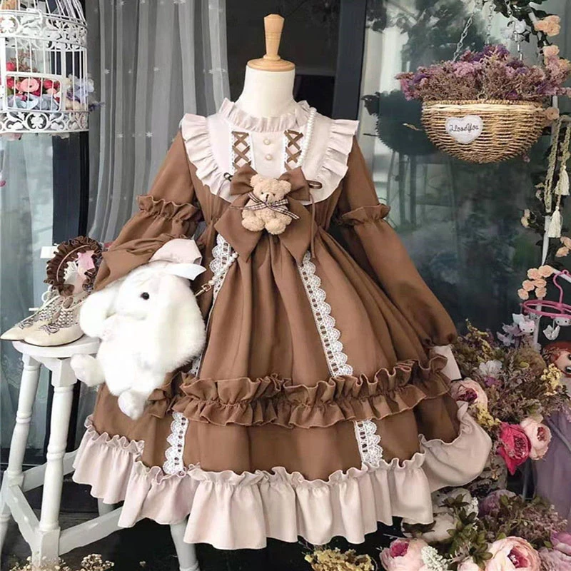 Anime lolita šaty Ženy medveď luk čipky kawaii šaty s dlhým rukávom princezná šaty Halloween kostým darček pre dievčatá párty