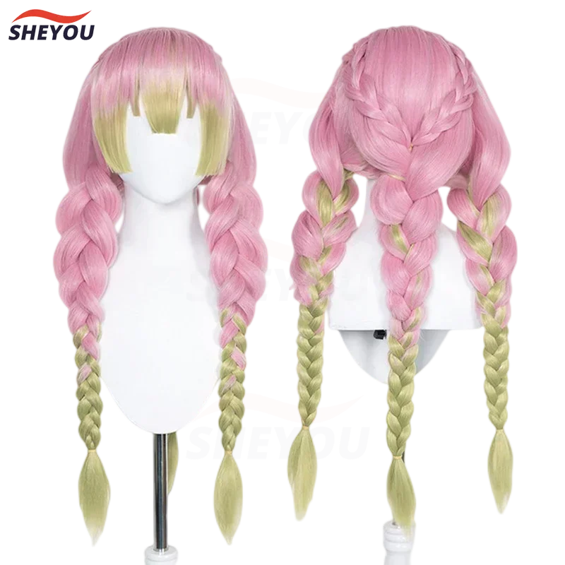 Anime Mitsuri Kanroji Cosplay Pruik Lange Roze Groene Vlecht Hittebestendig Haar Authentieke Cosplay Pruiken + pruik čiapka