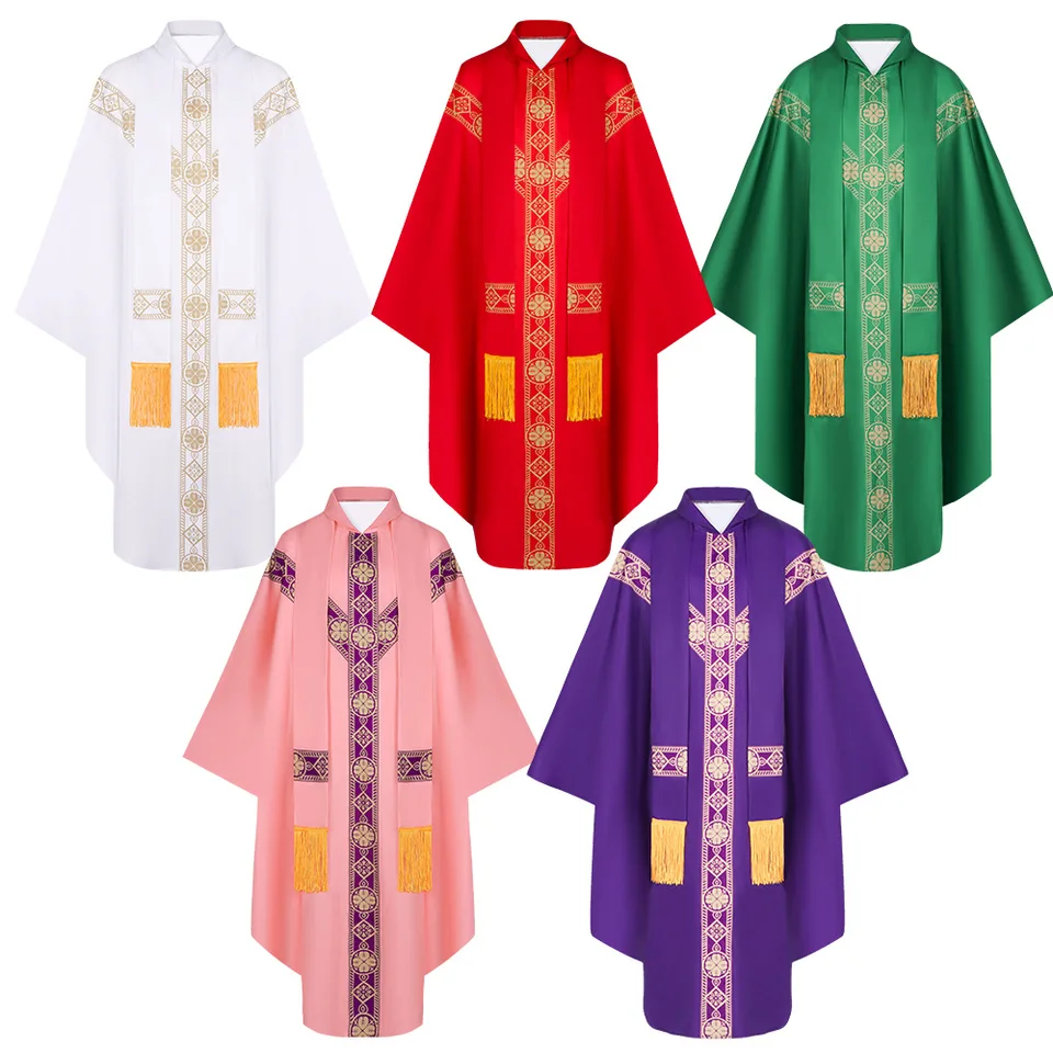 Anime muži katolícky kňaz Chasuble Church Mass Cosplay kostým voľný náhodné fialové biele červené rúcho rúcho s vreckovým rukávom