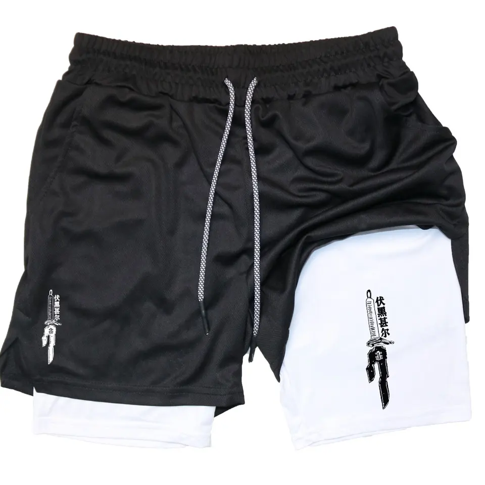 Anime Performance Shorts Men telocvične Príležitostné športové letné kompresné kraťasy Cvičenie bežecká sieť 2 v 1 športových krátkych nohaviciach