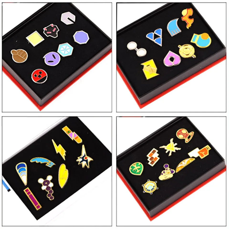 Anime Pokemon Gym odznaky Kanto Johto Hoenn Sinnoh UNova Kalos League Region Pins Pins Brošne postava Darče