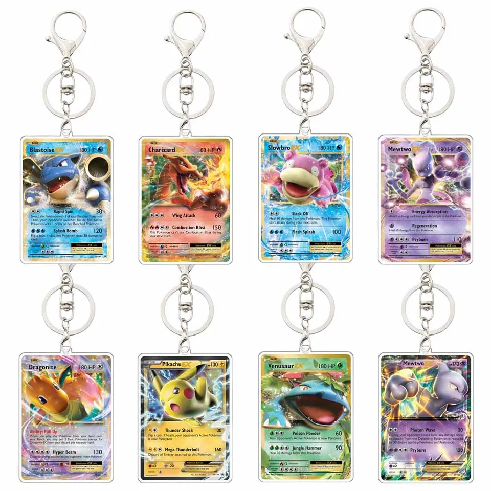 Anime Pokemon Key Chain Charizard Venusaur Mewtwo Blastoise Slowbro Dragonite Game Card Acryl Keychain Dekorácie prívesok