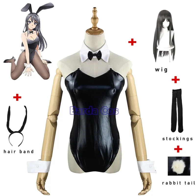 Anime sexy roztomilý zajačik dievča Senpai Cosplay kostým Sakurajima MAI Čierne kombinézy parochňu parochňou Halloween pre ženy králičie obleky