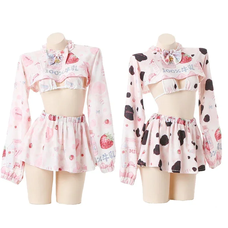 Anime slúžka outfit cosplay uniforma ružové roztomilé lolita šaty kravy kravy dievča jahody s dlhým rukávom Dutlow Out Crop Top Mini sukňa y y y y y y y y y y y y y