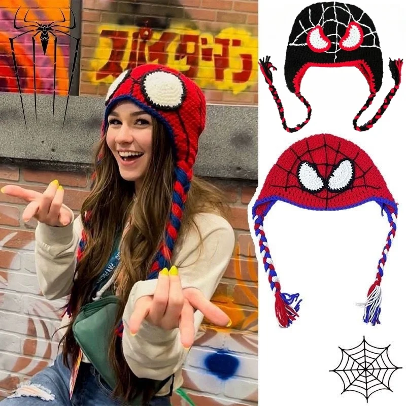 Anime Spider Man Knitted Hat Cartoon Kawaii Funny Cosplay Cap Ear Protection Warm Wool Tassel Y2K KnittedHat Children Gifts ﻿ ﻿