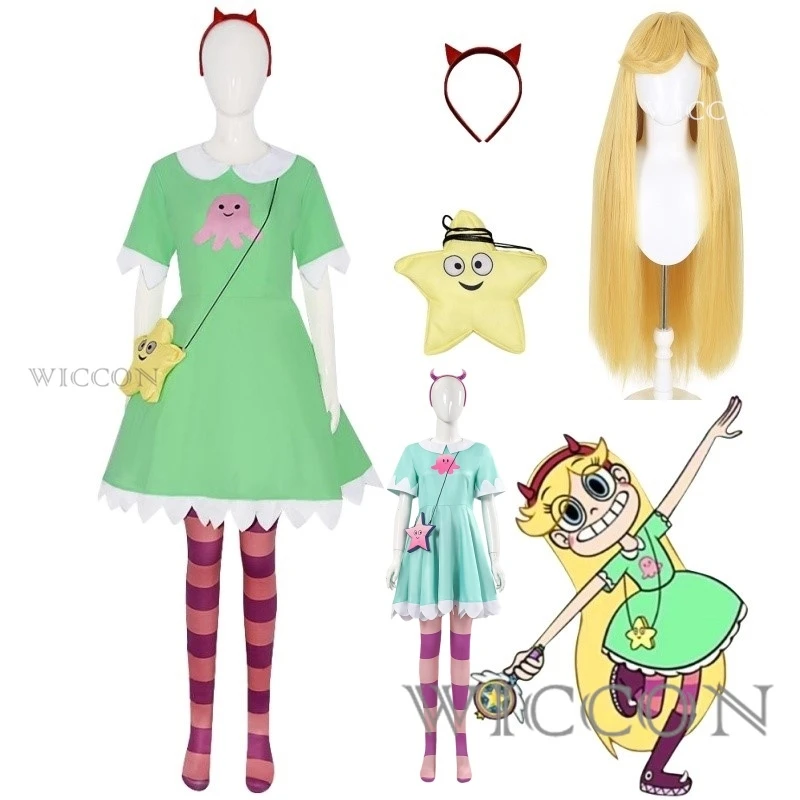 Anime Star Star Butterfly Cosplay hviezda Motýfly zelené šaty parochňa Červené pokrývky ponožiek Halloween Fancy Costy