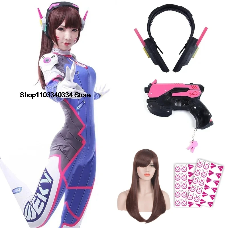 Anime žena kombinézy na pančuchách DVA Cosplay kostým Game Zentai parochňa Cosplay rekvizity slúchadlá D.Va Cos Party Halloween kostýmy