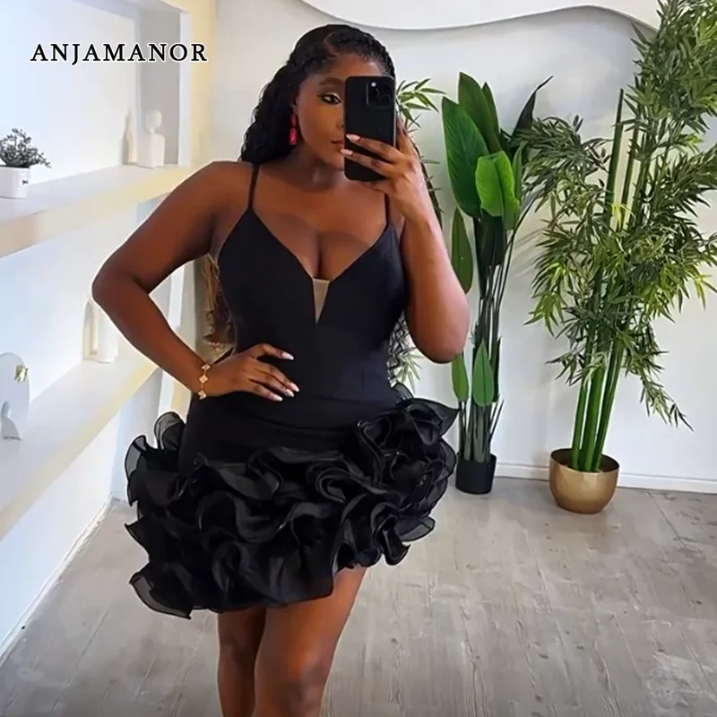 Anjamanor asymetrické mini šaty červené čierne večerné šaty plus veľkosť žien sexy narodeninové oslavy oblečenie D57-GF31