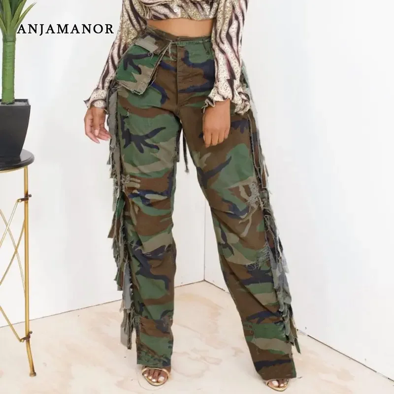 Anjamanor Fringed Camo Cargo Pants for Women Streetwear Fashion Baggy Castflage Pants Womans Clothing Príležitostné nohavice D82-FE54