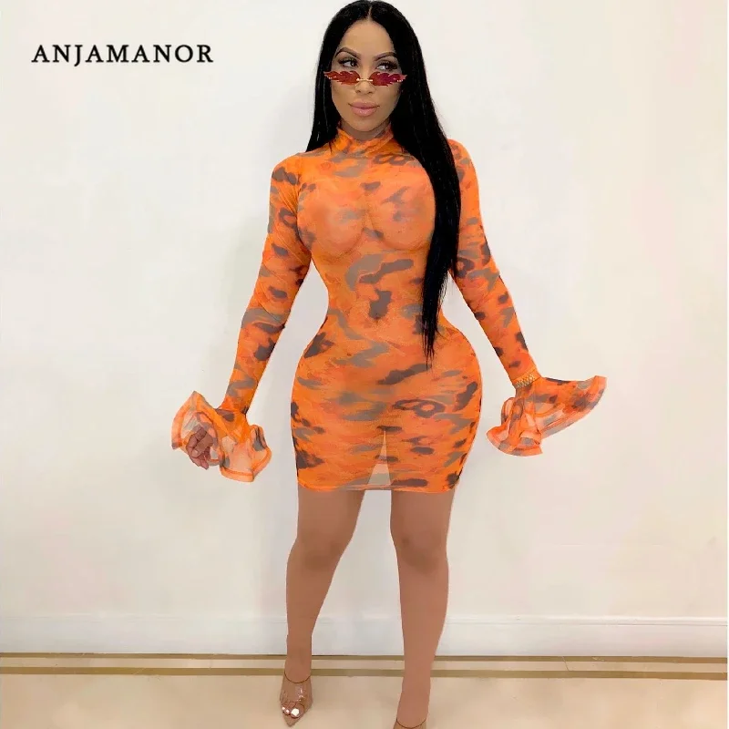 Anjamanor kravata Dye číre sieťové šaty Ženy Sexy klubové šaty 2020 Pozrite sa cez voláčku s dlhým rukávom Mini Bodycon Dress D37-CH18