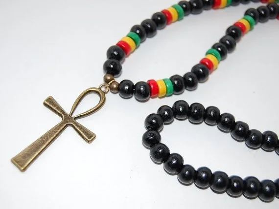 Ankh krížový náhrdelník, drevený náhrdelník, kríž bronzového ankh, náhrdelník Rasta