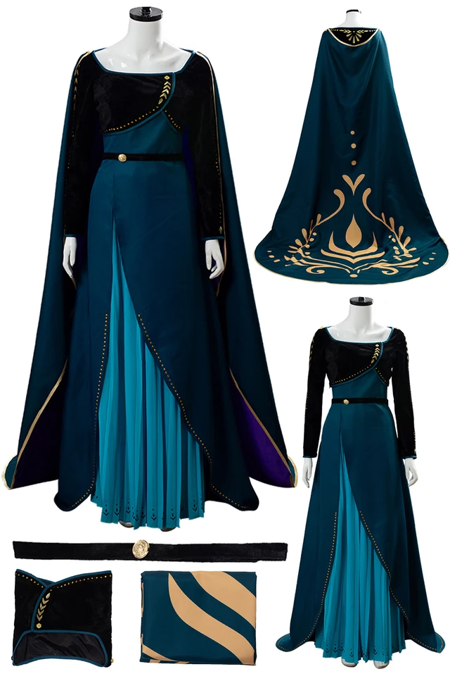 Anna Cosplay Coronation Queen Dress kostým tmavo zelené šaty dlhé loptové šaty Cape Outfits Cartoon Movie ľadové ženy Halloween oblek