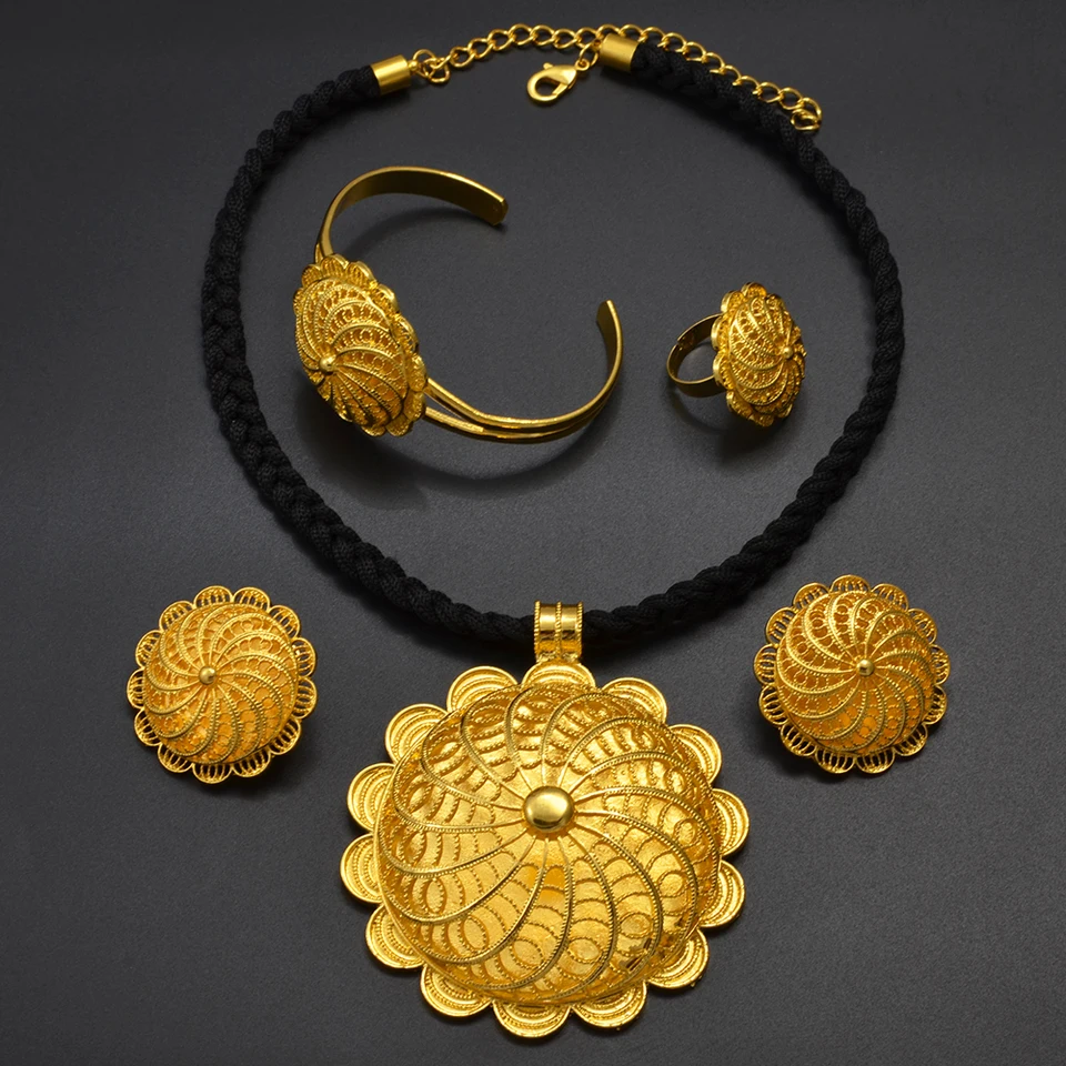 Anniyo Etiópske šperky sada 7,7 cm Big prívesok Čierne lano a náušnice Rings Rings Habesha Eritrean African Wedding #193116h