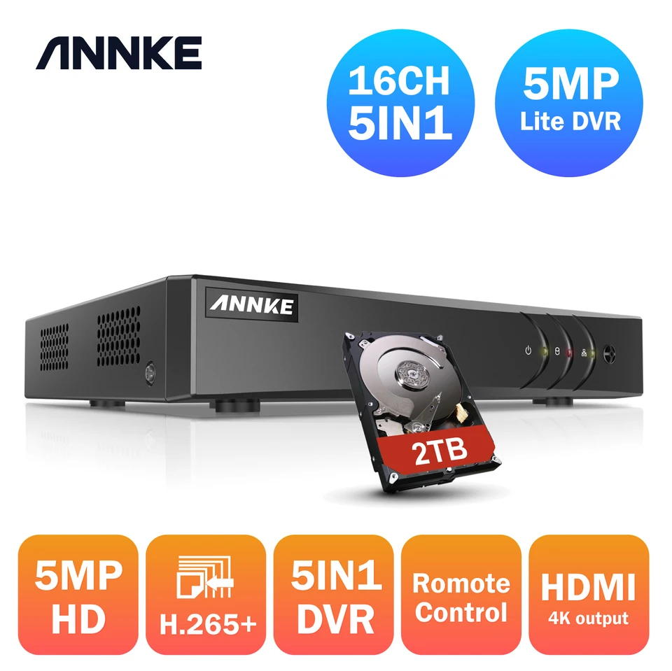 Annke 16ch 5MP 5in1 HD TVI CVI IP zabezpečenie DVR rekordér H.265 Digitálny detekcia videozáznamu = HIK DS-7216HQHI-F1/N