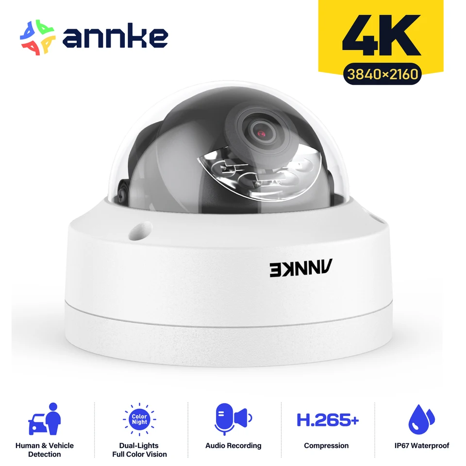 Annke 1pc Ultra HD 8MP Poe Camera 4K Outdoor Indoor Indoor Weather Bezpečnostná sieť Dome Exir Night Vision E -mail CCTV Camera