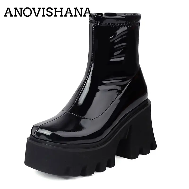 Anovishana Shiny Ženské členkové topánky Round Toe Toe Chunky päta 8cm Platform Hill 4,5 cm zips plus veľkosť 43 módne datovanie Bota