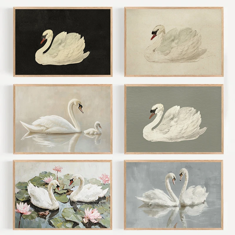 Antique Pastel White Swan Lotus Vintage Animals Artwork plagát maľba nástenné umelecké obrázky Domáca krajina dekor farma