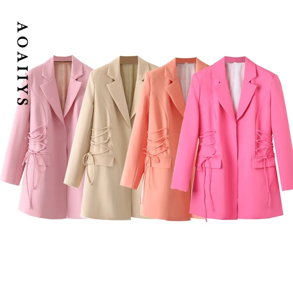 Aoaiiys Blazer Ženy Dlhé bundy Spevnené šnurovanie Vouswear Turning Collar Vocss Autumn Winter Long Ruckve Office Lady Coats