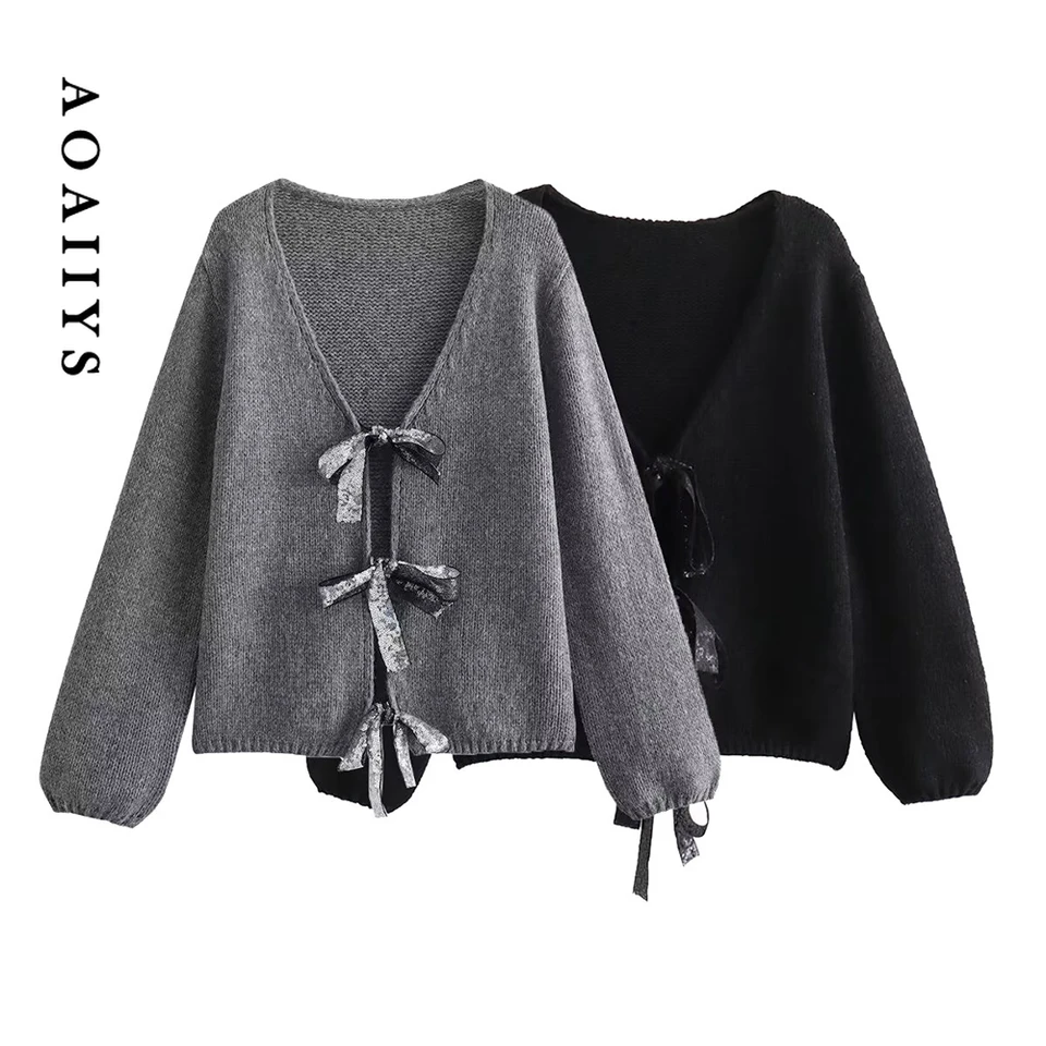 Aoaiiys pletený sveter pre dámske teplé V-krk teplý sveter na jeseň zimné kabáty motýliky Lace Up Mardigans Fashion Elegentné vrchné odevy