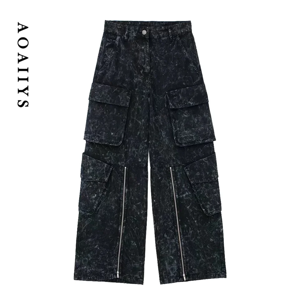 Aoaiiys čierne džínsy pre ženy vrecká denimové nohavice zips stredný pás Plechové nohavice módy voľné priame streetwear Jean