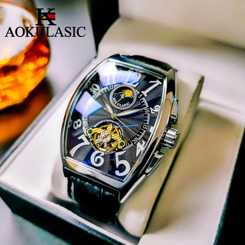 Aokulasické mechanické hodinky módne muži hodinky Tonneau Dial Tourbillon Automatické mechanické hodinky Men Moon fáza reloj hombre