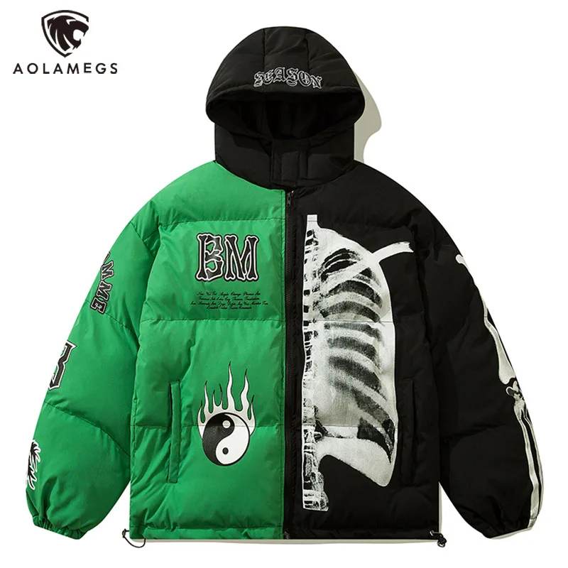 Aolamegs y2k muži Čalúnené bunda jin yang kostru tlač Patchwork parkas harajuku ulica voľný teplý pufer coat unisex