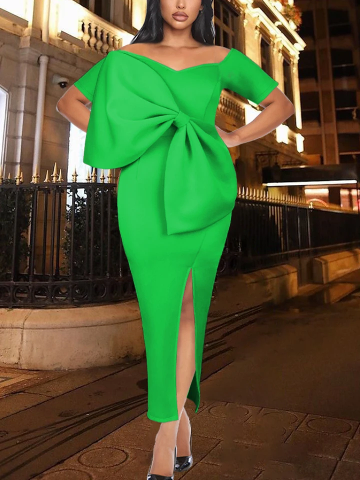 Aomei ženy vianočné večierky Dlhé šaty Big Bow V Neck Krátke rukávy Oslávte štrbinu Sexy holé rameno Bodycon Slim African Gowns