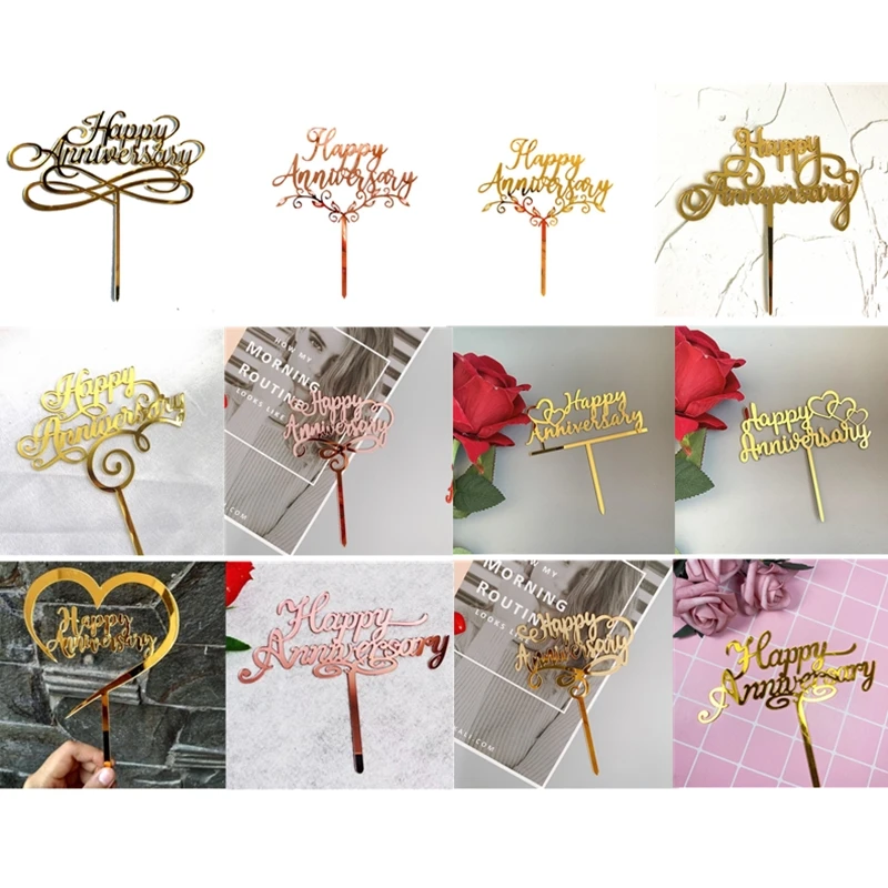 Aomily Food Grade 10ks/Set Happy Anniversary Bright Acryl Cake Topper 12 Druhy šťastných večierkov