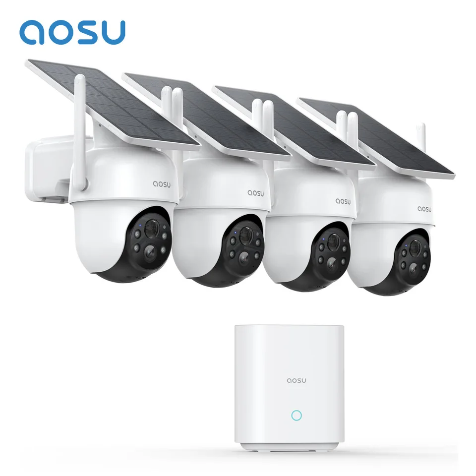 AOSU 2K 3MP solárna batéria Systém fotoaparátu 4 CAMS Kit Wireless 360 ° PTZ Sledovanie WiFi Camera Set AI Detekcia Podpora Alex