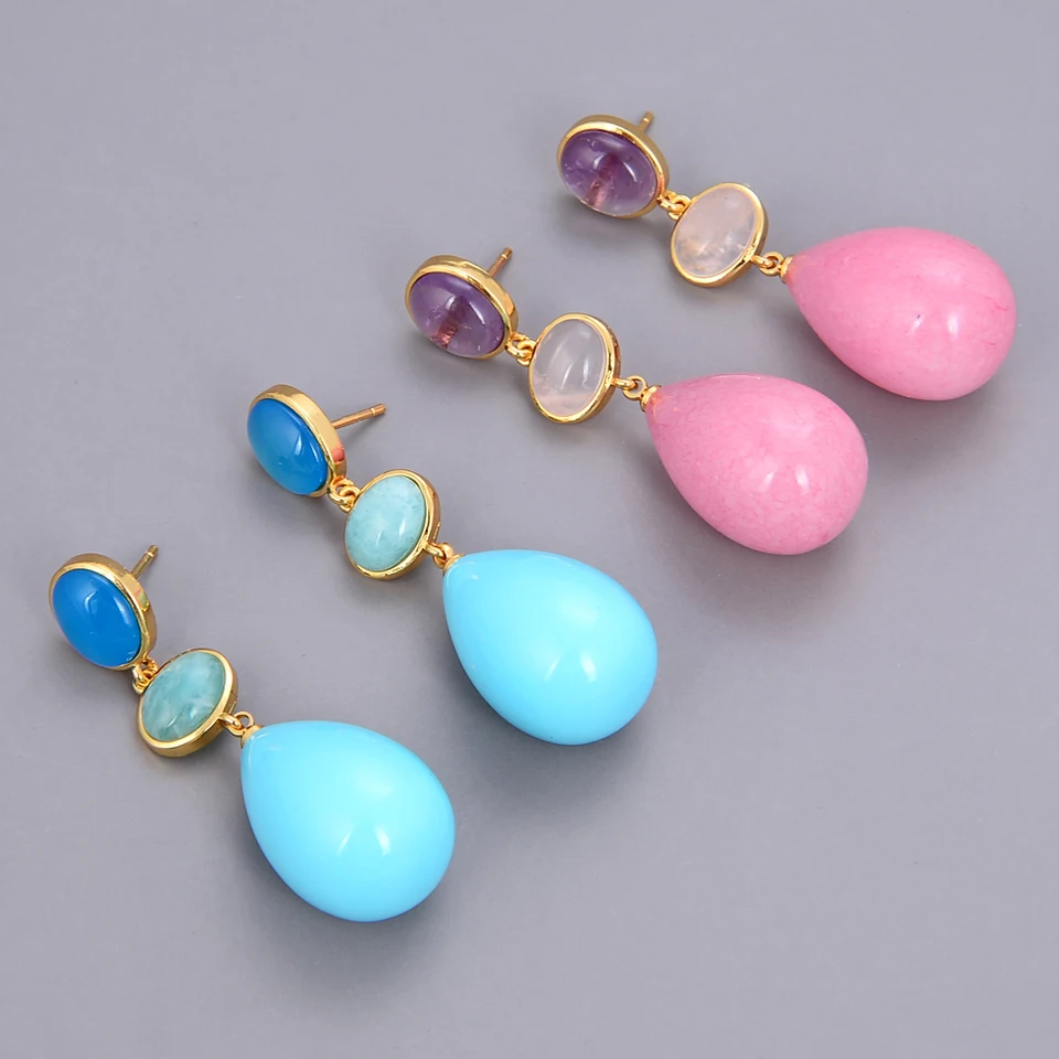 Apdgg Natural Gems slzy ametyst amazonitu agát jade quartz aventurín dangle cuck náušnice