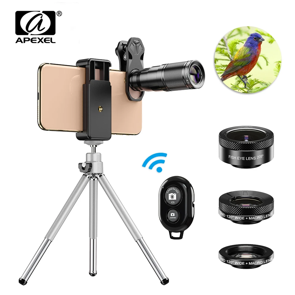 APEXEL OPTIC HD PLOPLA COMOER Súprava 4in1 teleobjektív Monokulárny ďalekohľad 22x šošovky + makro široký rybár s diaľkovým statívom