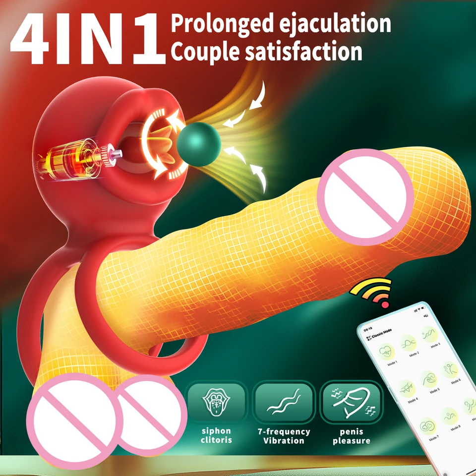 Aplikácia Control Pár Penis Penis Ring Vibrator Licking Licking Stimulátor klitorisu Dlho trvalé potešenie 7 Vibrácie Men žien