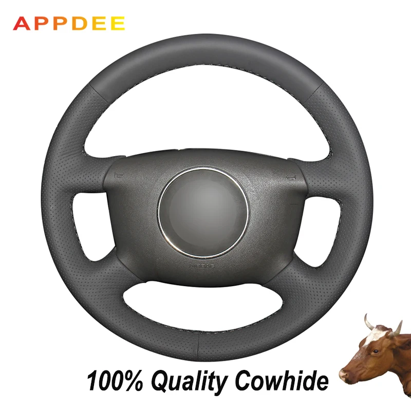 Appdee Black Leather Originálny ručne šitý kryt volantu automobilu pre Audi A6 2000-2003 2004 Audi A3 2000-2001 2003 A4 B6 2002